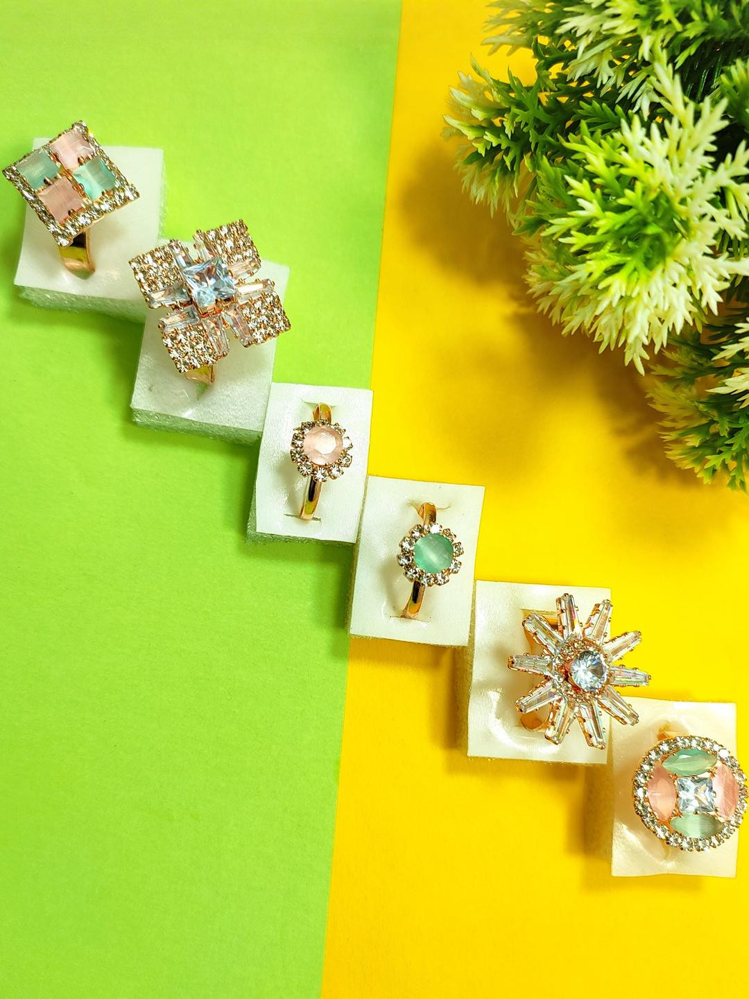 DIVYANSHI COLLECTION Multicolour Diamond Brass Gold Silver Plated Ring Set Pack Of 6