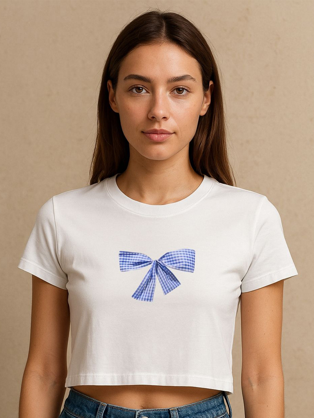 Art By Ritik Women Gingham Bow Crop Tshirt