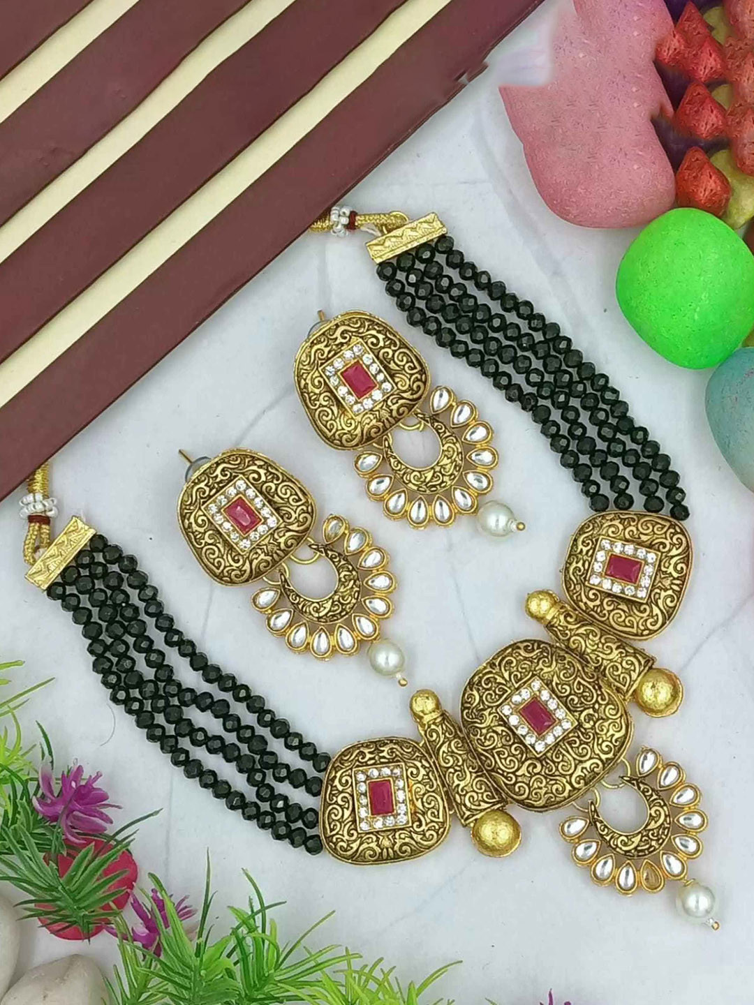 Henuka Gold-Plated Stone Studded & Beaded JewellerySet