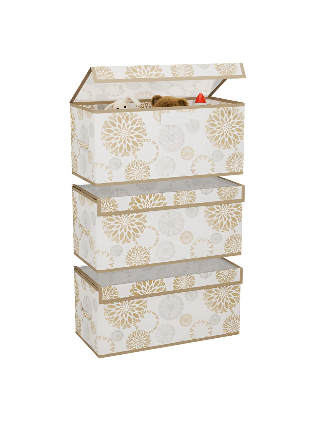 Aura White & Gold Toned 3 Pieces Printed Storage Box With Transparent Lid