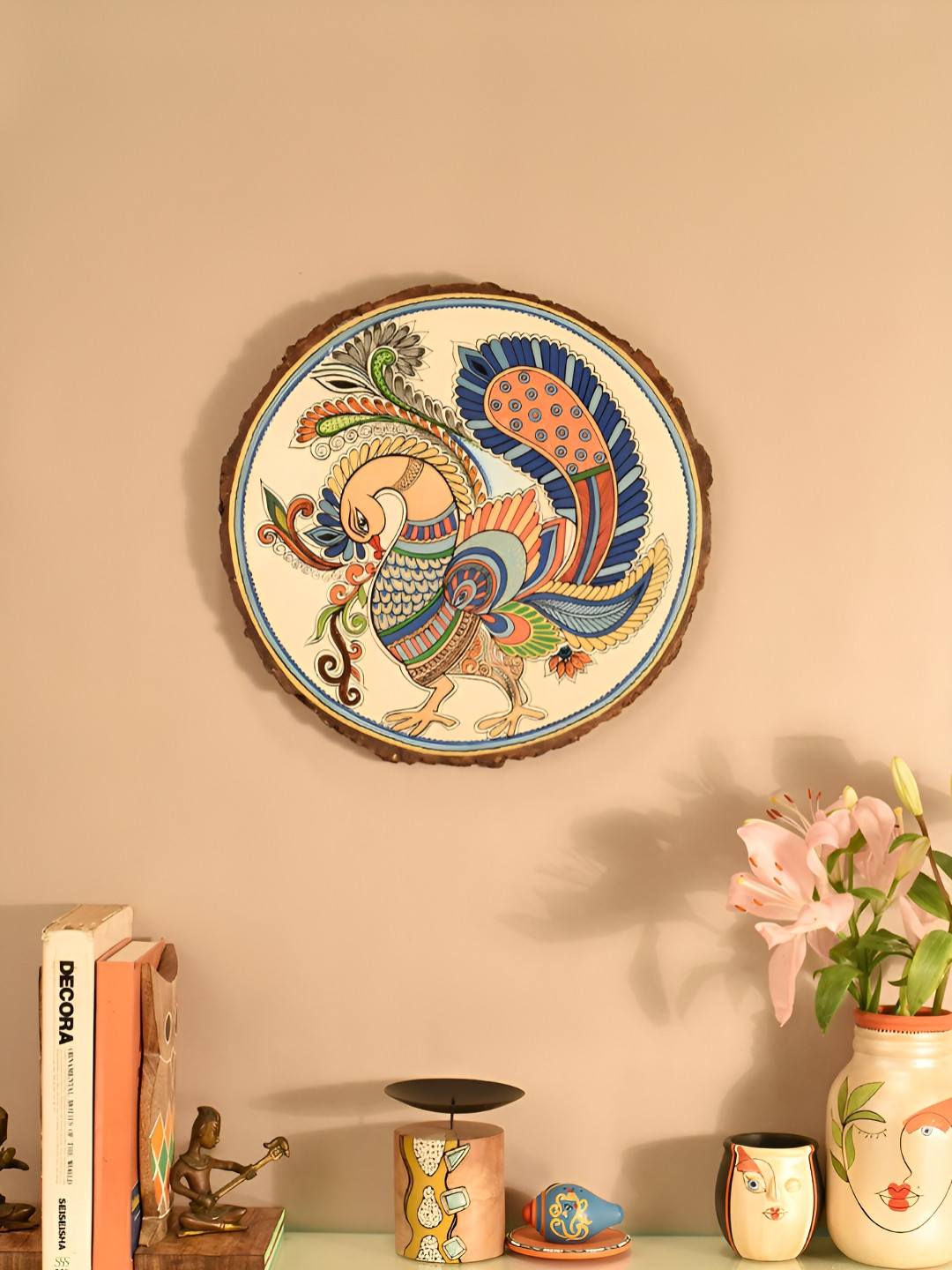 AAKRITI ART CREATIONS Beige & Green Mayura With Fine Madhubani Wooden Wall Art