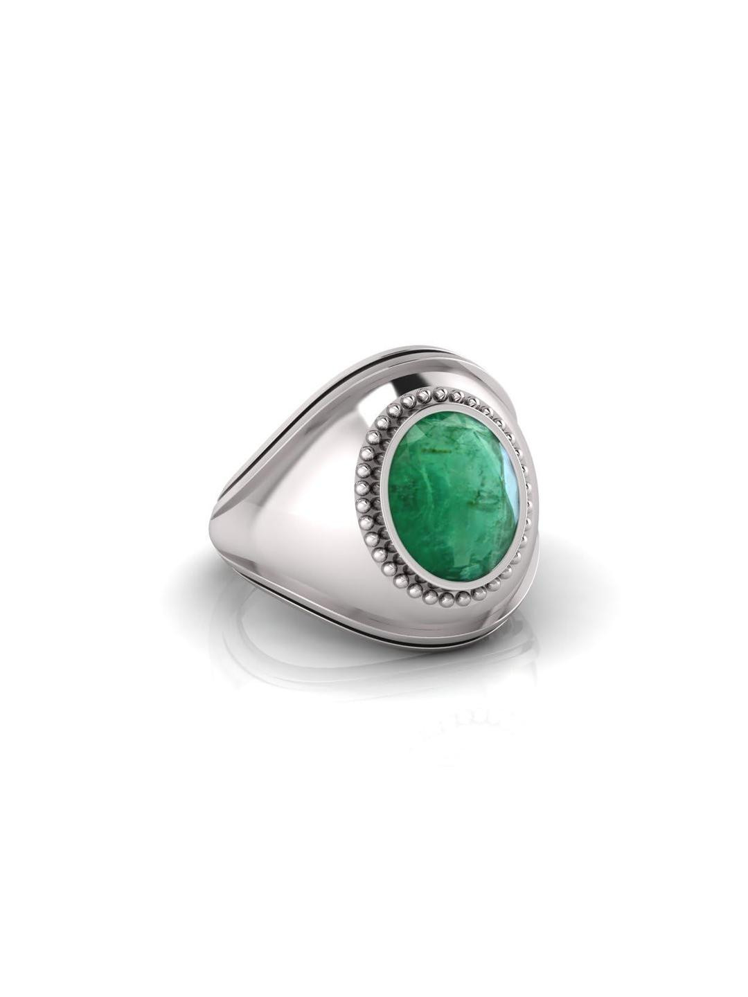 Pranjal Gems Unisex Sterling Silver 9.25 Ratti Panna Emerald Gemstone Studded Finger Ring