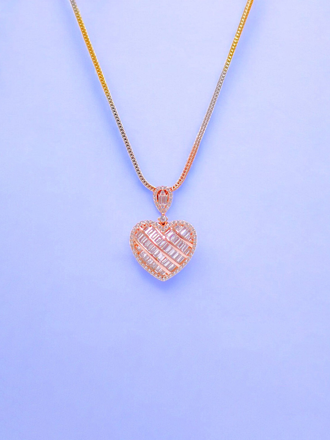 Taraash 925 Sterling Silver Rose Gold-Plated Baguette CZ Studed Heart Pendants with Chains