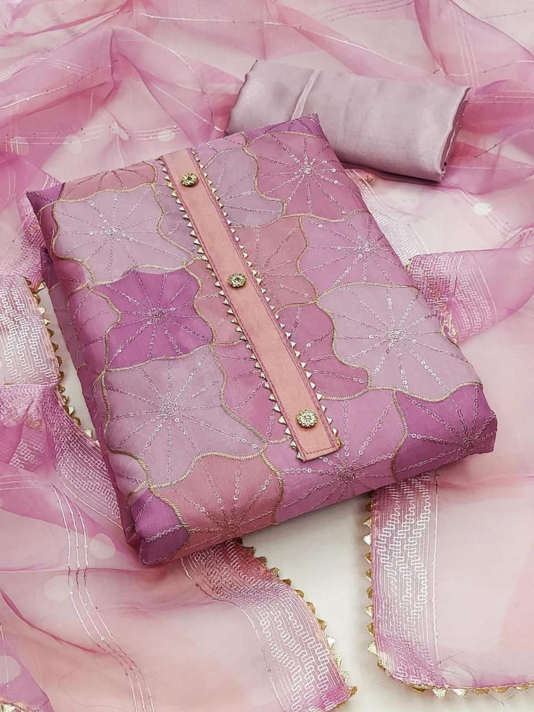 KALINI Pink Organza Position Print With Sequence Work Unstitched Dress Material