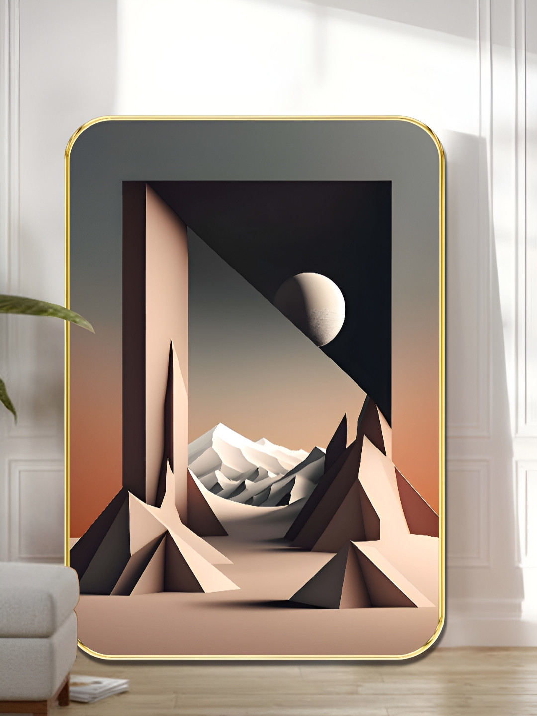 SAF Grey & White Futuristic Geometric Landscape Wooden Wall Art