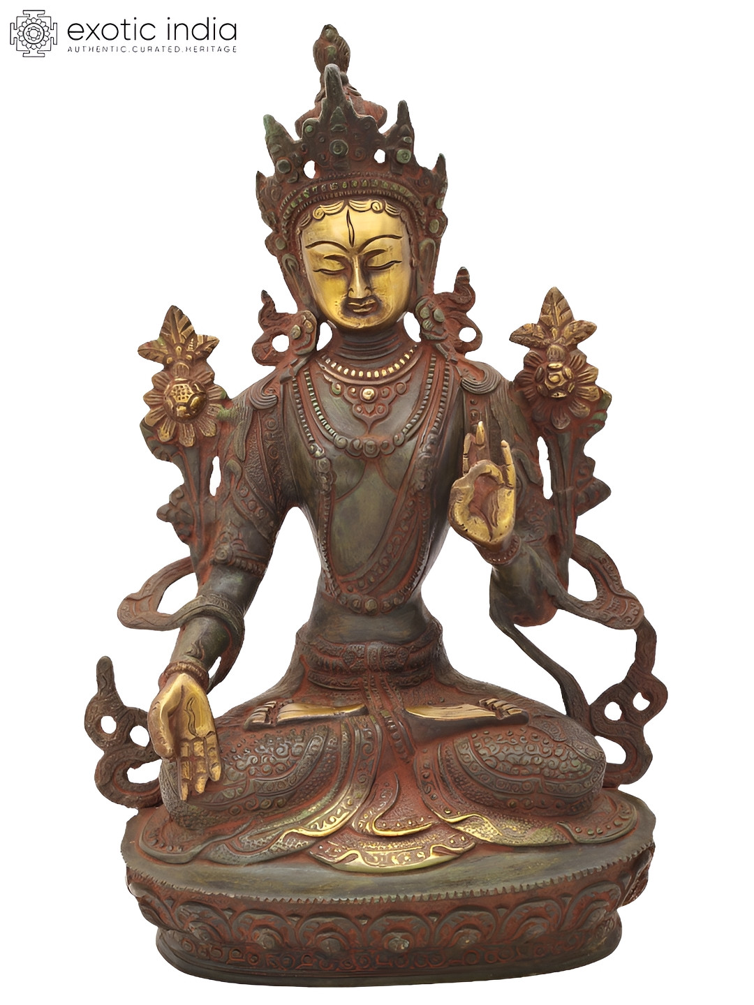 Exotic India Green & Brown Tibetan Buddhist Religious Idol Showpiece
