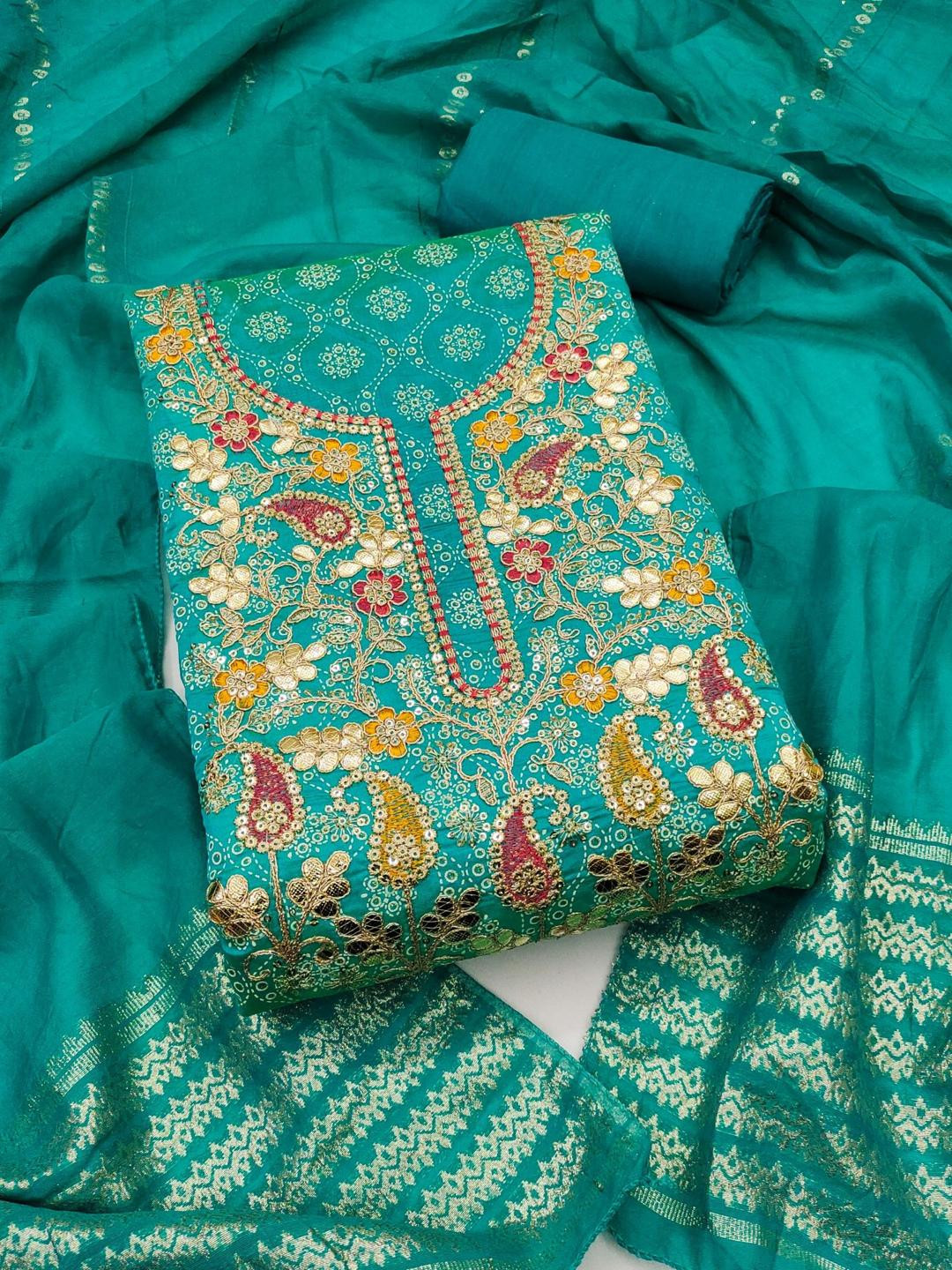 KALINI Teal Chanderi Silk Embroiderd Coding Work Unstitched Dress Material