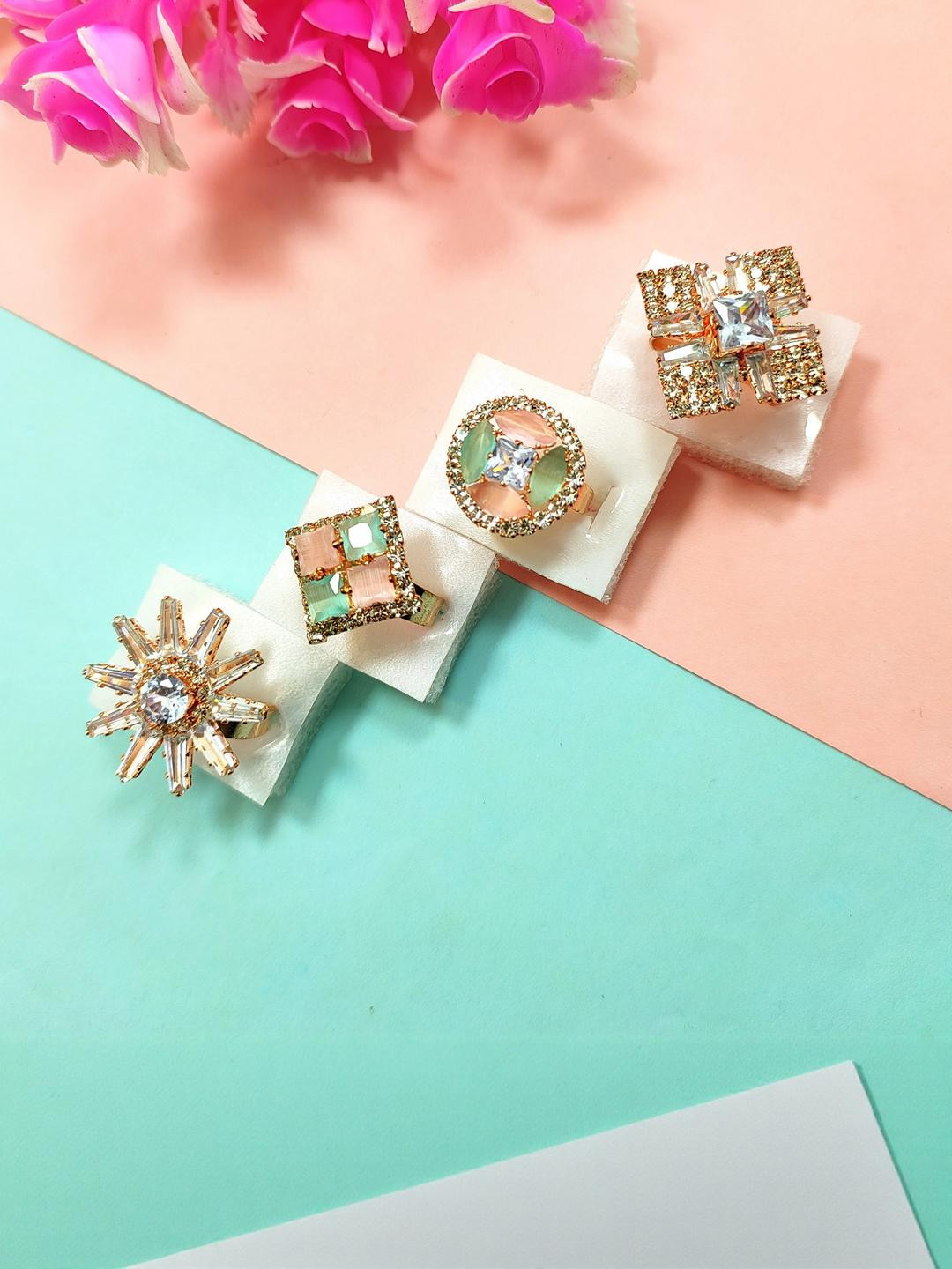 DIVYANSHI COLLECTION Pack Of 4 Silver Plated Multicolour American Diamond Studded Rings