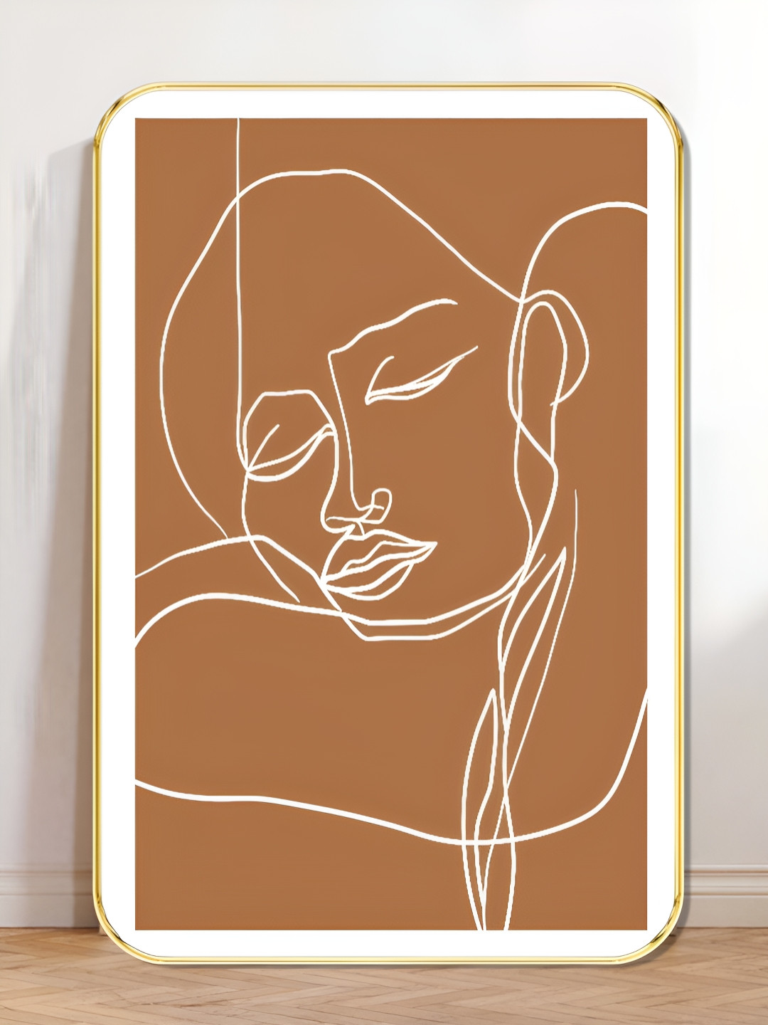 SAF White & Brown Minimalist Abstract Woman Face Line Wooden Wall Art