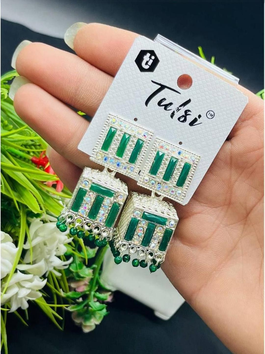 tulsi imitation Silver-Plated Stones Studded & Beaded Square Shaped Jhumkas
