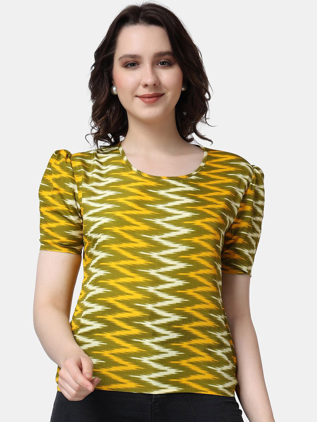 Popwings Women Geometric Print Puff Sleeve Crepe Top