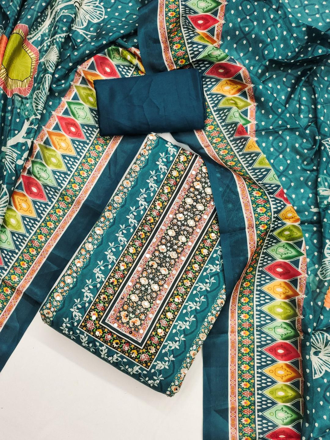 KALINI Teal France Silk Digital Print Mirror & Diamond Work Unstitched Dress Material