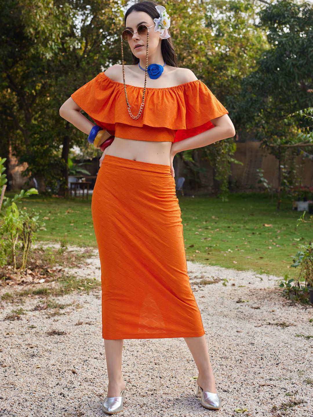 MILOST Western Collection Textured Off-Shoulder Top With Pencil Skirt