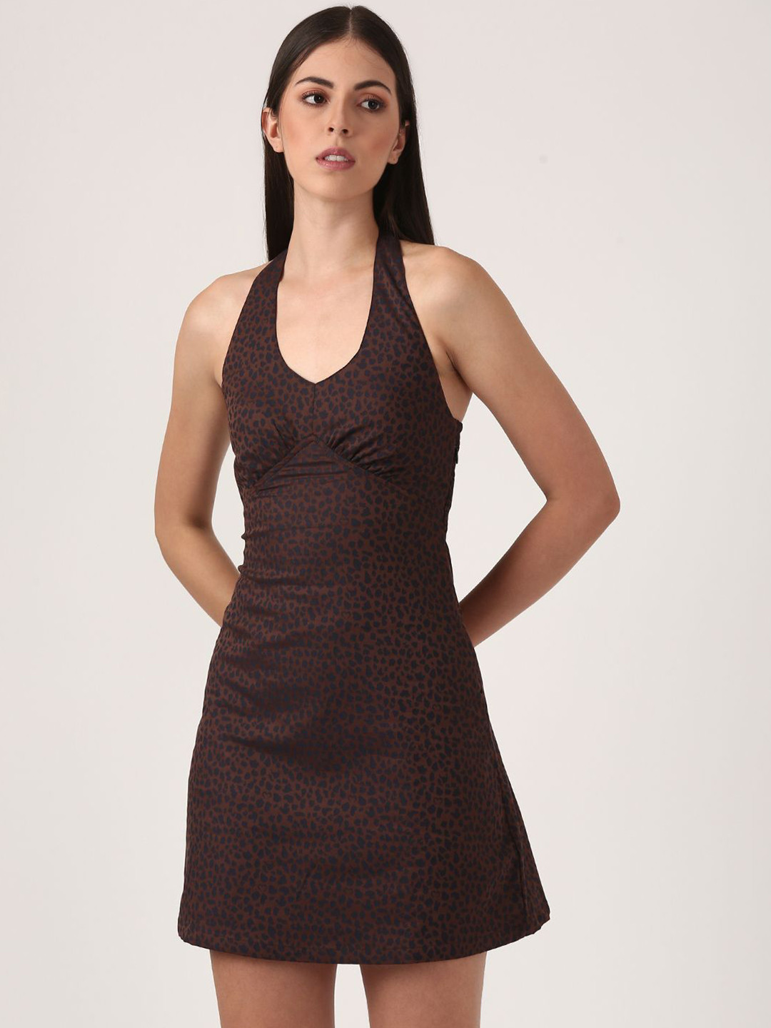 Jolene.club Women Animal Printed Halter Neck A-Line Mini Dress