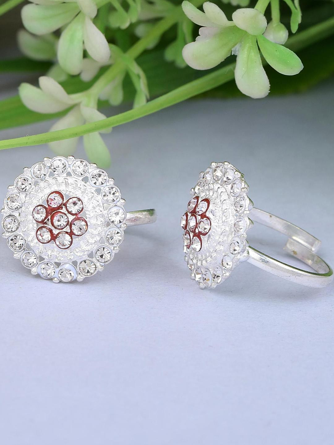 MEMOIR Silverplated Red Meena White CZ Round Freesize Toering ethnic traditional jewellery