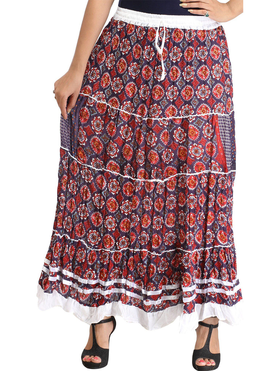 Exotic India Pure Cotton Dark-Blue and Red Floral Printed Long Skirt with Ribbons