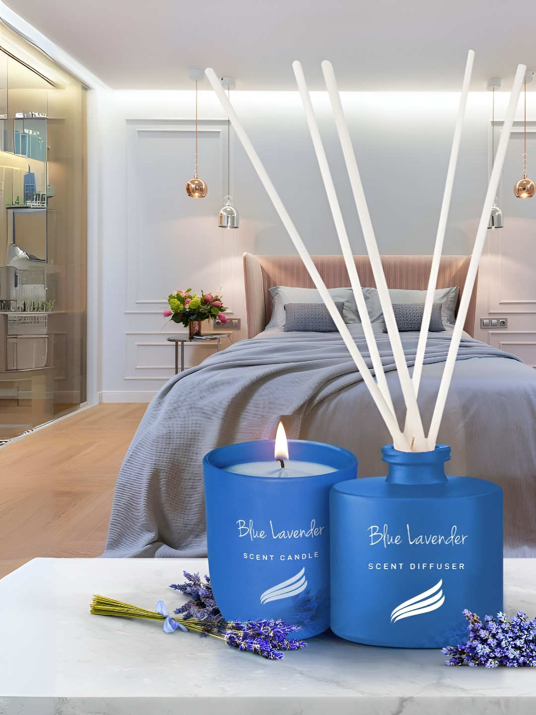 Pan Aromas Crystal Blue Lavender 2Pcs Blue & White Reed Diffuser & Scented Candle Gift Set
