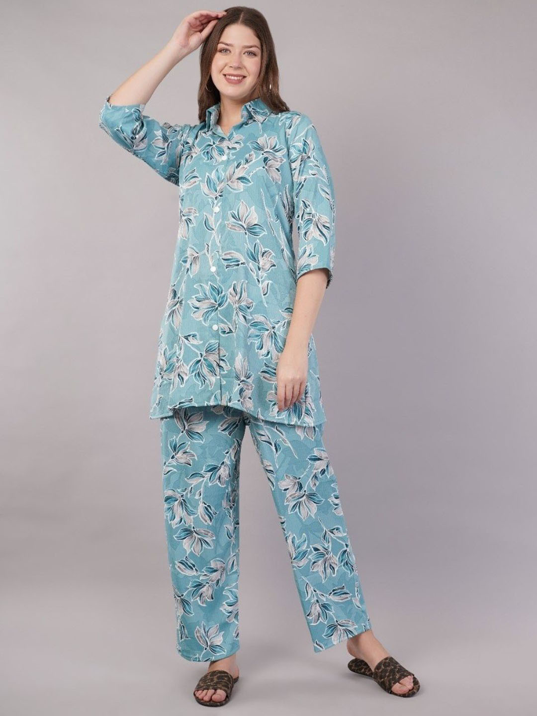 Teal Blue Floral Printed Tunic & Trousers Co-Ord Set