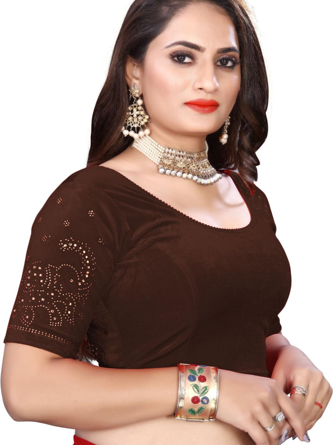 PU FASHION Women Brown Embellished Short Sleeves Saree Blouse