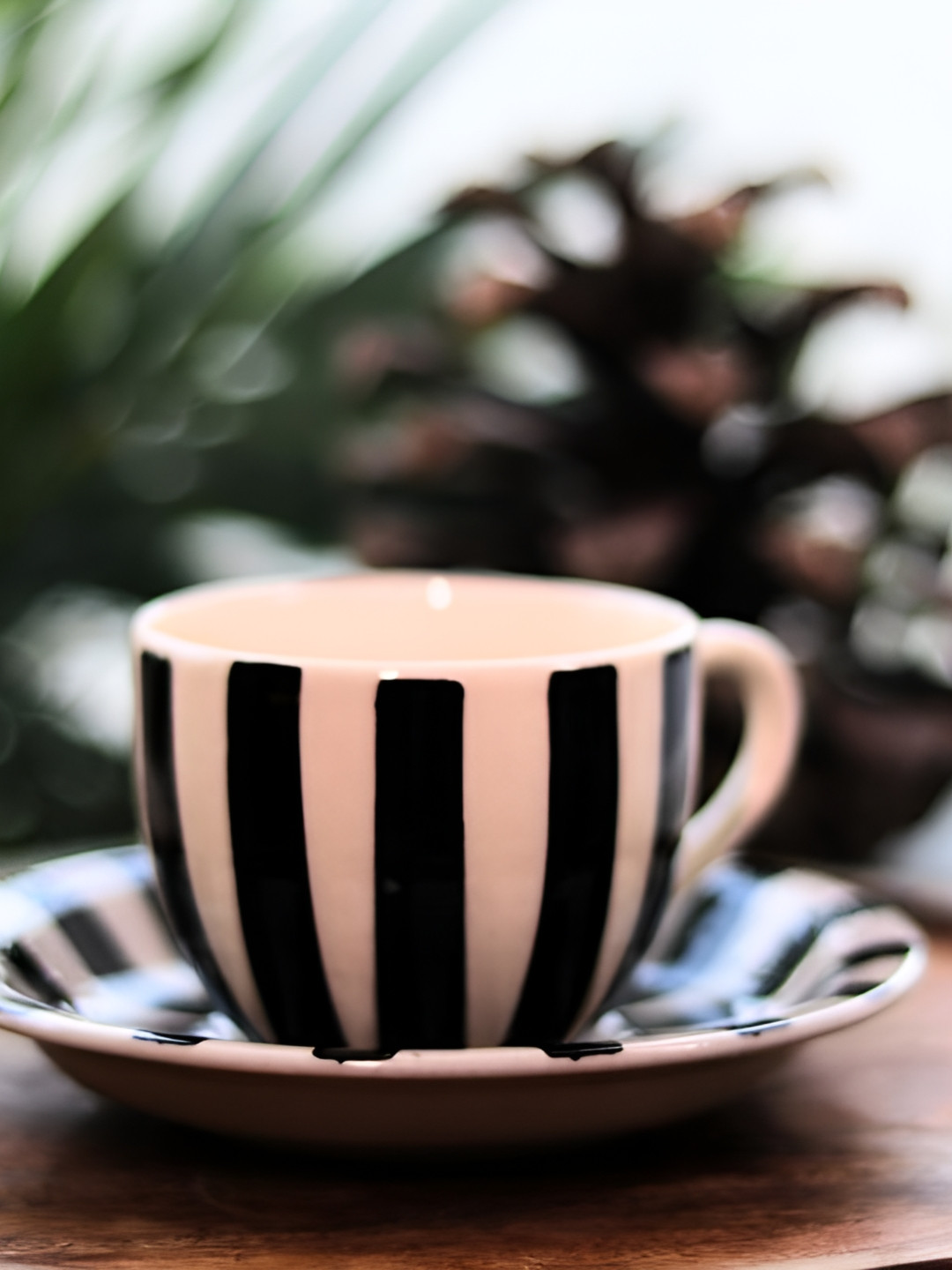 Rare Planet Black and White Striped Ceramic Cup and Saucer Set