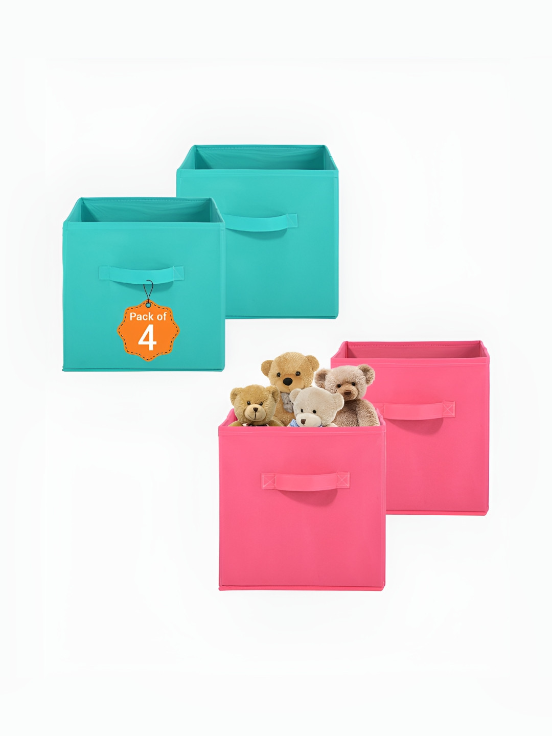 Aura 4 Pcs Pink & Green Non-Woven Cloth Wardrobe Storage Box Organisers
