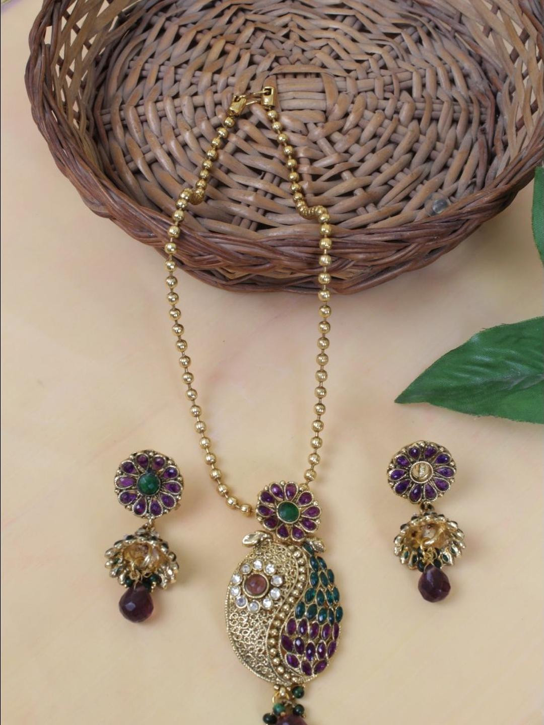 FASHION EMPIRE Traditional Gold- Toned Meenakari Pendant Set with Earrings