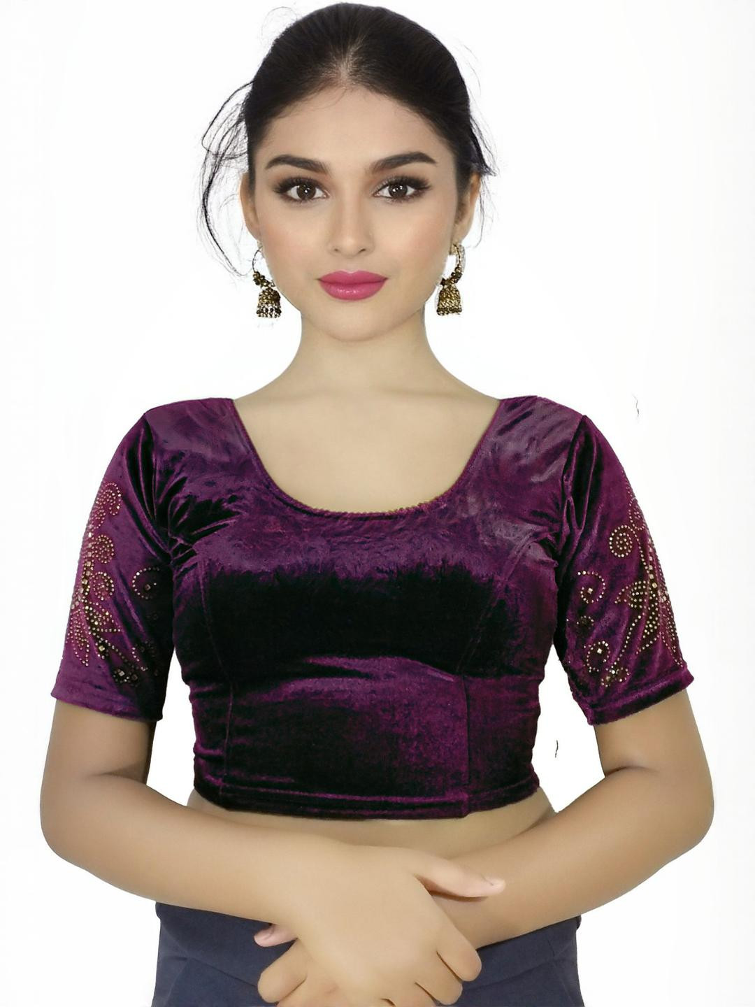 PU FASHION Embellished Beads and Stone U-Neck Saree Blouse