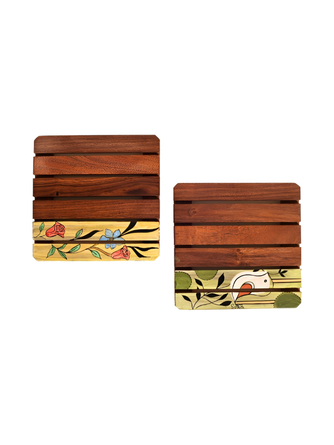 AAKRITI ART CREATIONS 2Pcs Brown & Yellow Printed Nature Motif Wooden Slatted Coasters