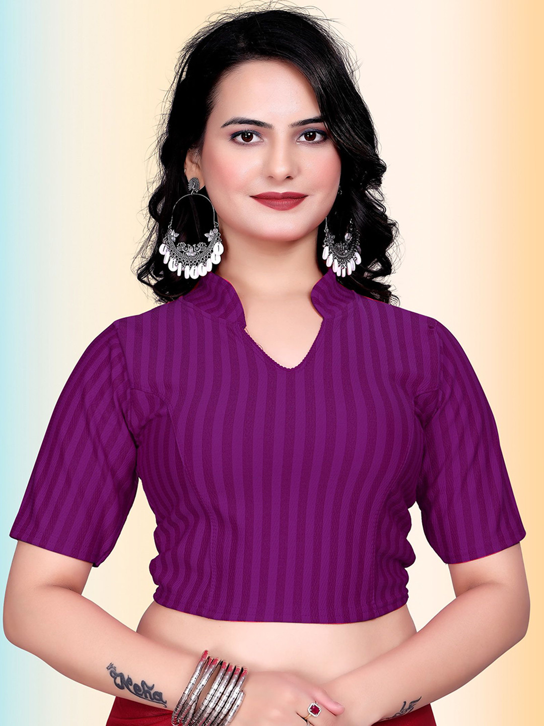 TANISHM FEB TEX Striped Mandarin Neck Stretchable Saree Blouse