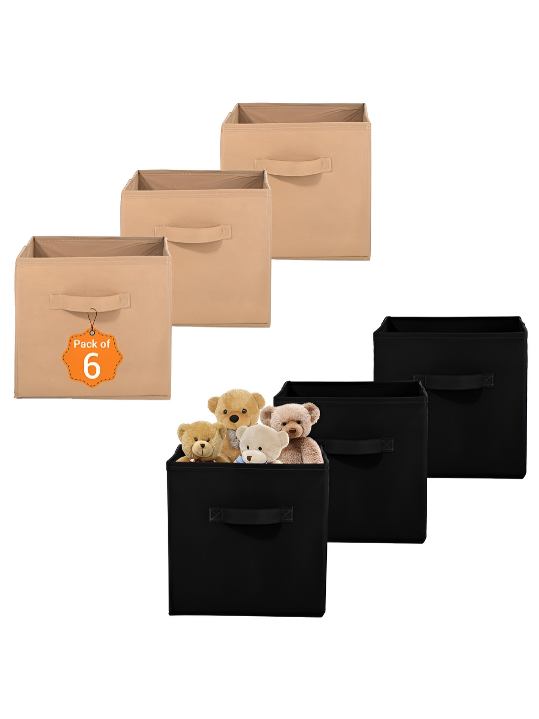 Aura Set of 6 Black & Beige Non-Woven Wardrobe Cloth Organiser Folding Storage Toy Box