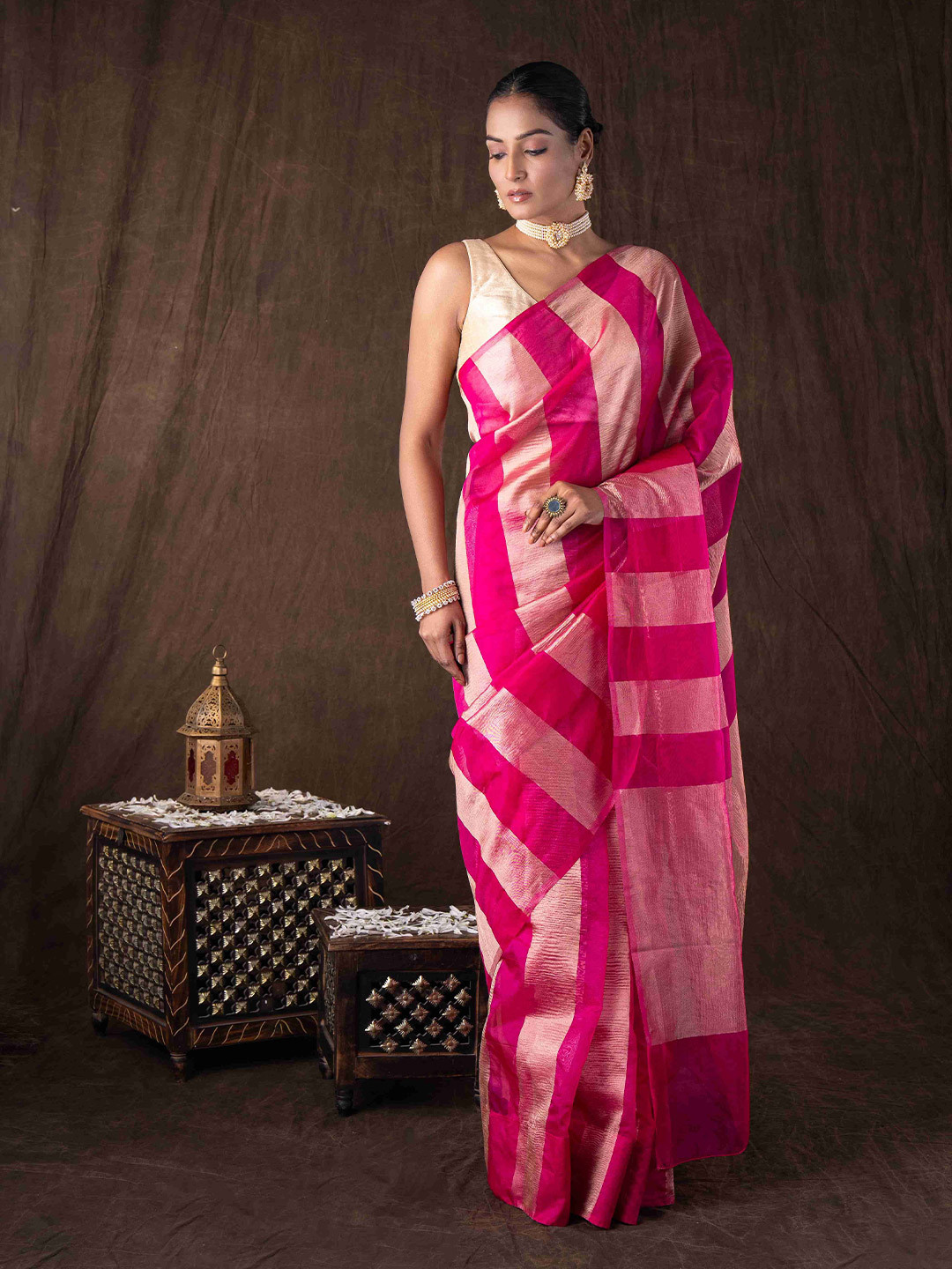 Zal from Benaras Women Striped Zari Tissue Banarasi Handloom saree