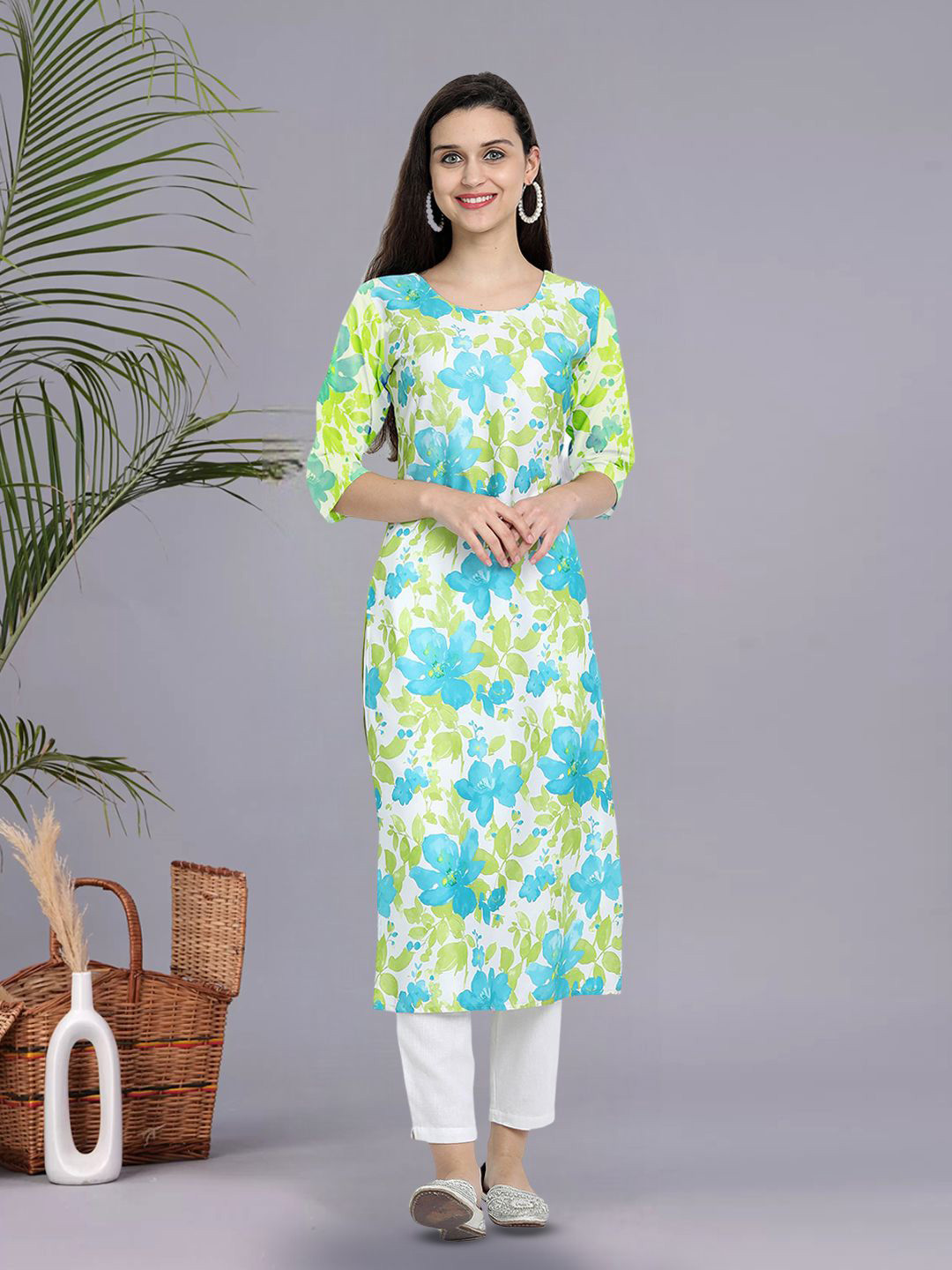 HERE&NOW Floral Printed Round Neck Straight Kurta