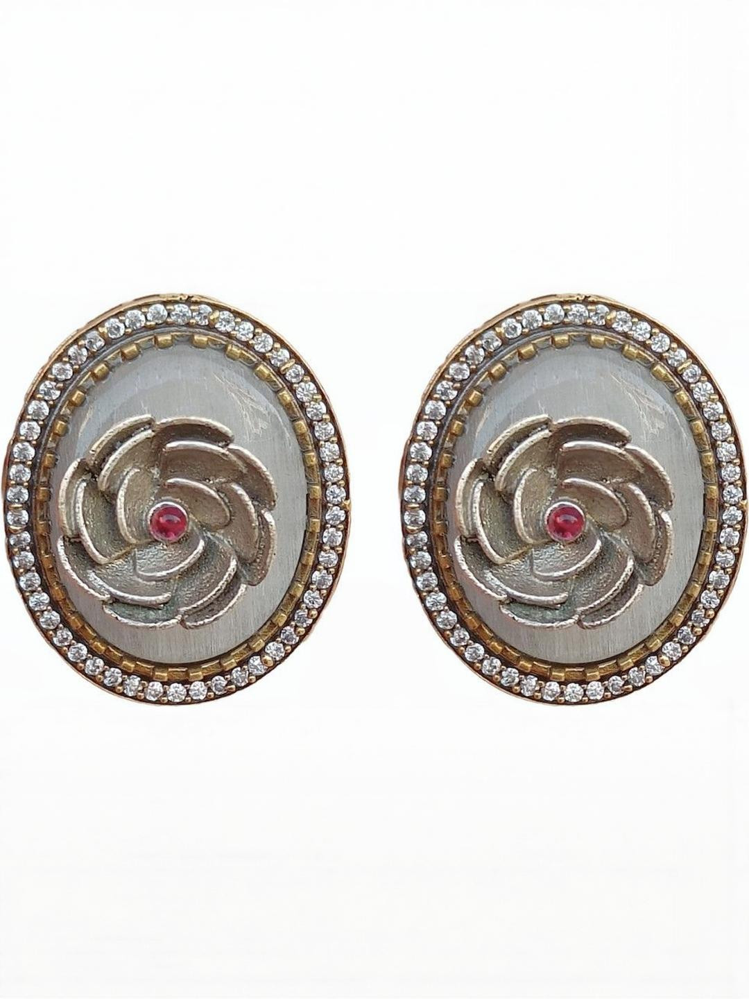 FindHerFavorite Flower Copper-Plated Artificial Stones Studded Oval Studs
