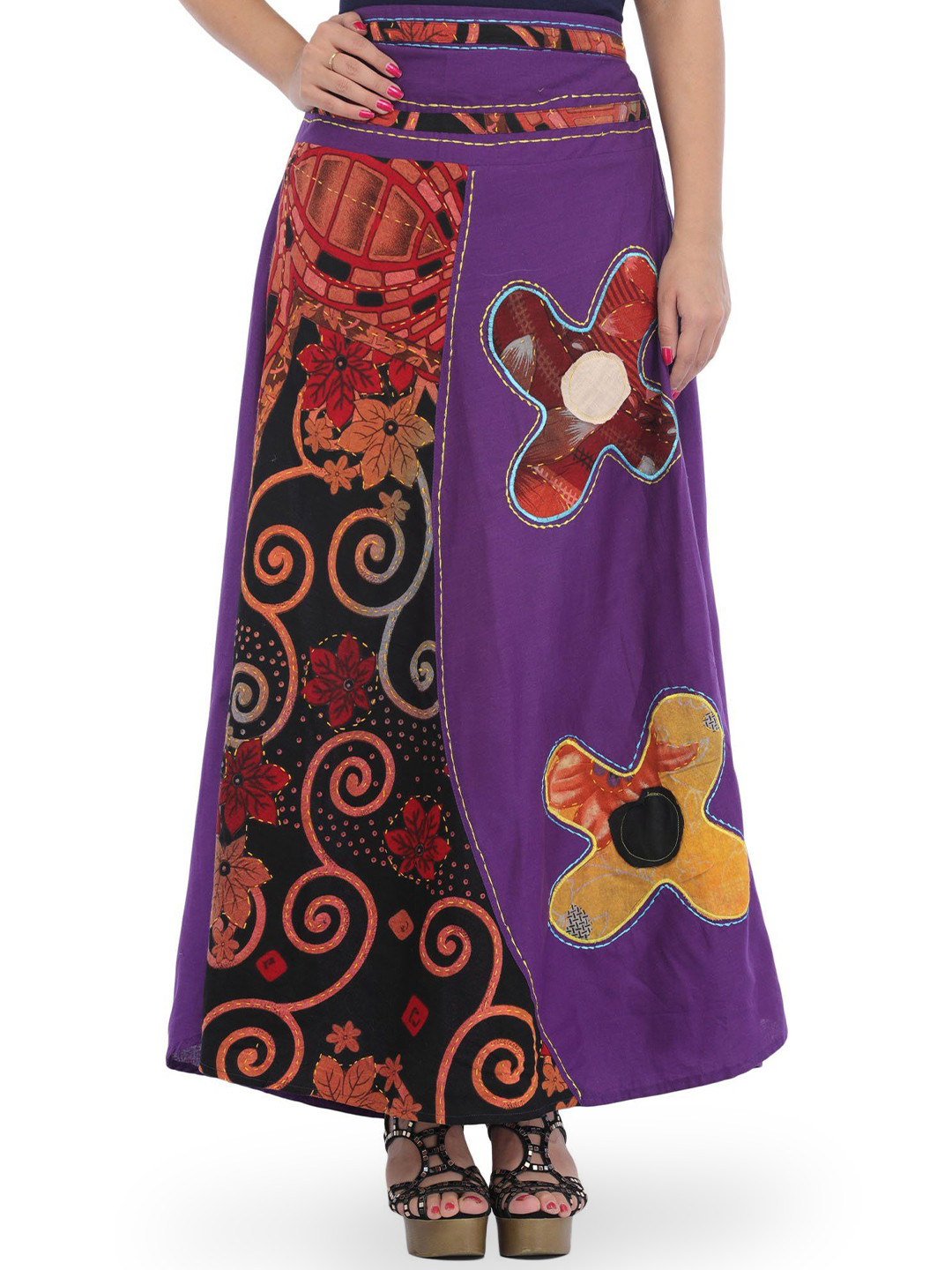 Exotic India Royal-Purple Long Skirt with Floral-Applique and Kantha Stitch