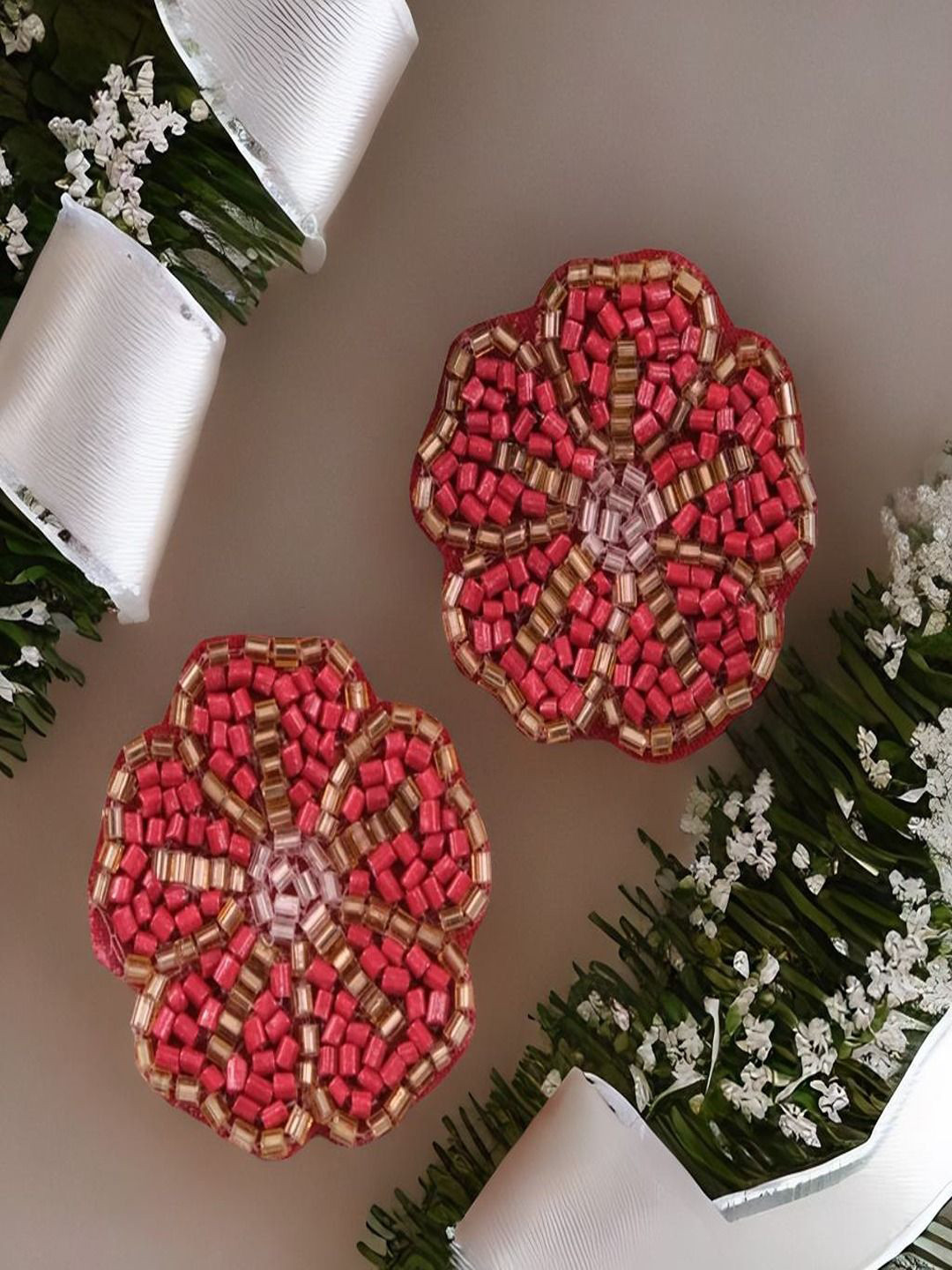 Vientiq Gold-Plated Artificial Beaded Floral Shaped Shaped Drop Earrings