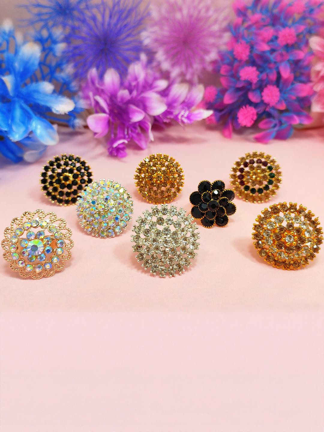 DIVYANSHI COLLECTION Pack Of 8 Multicolour Ad Brass Diamond Gold Silver Plated Ring Set