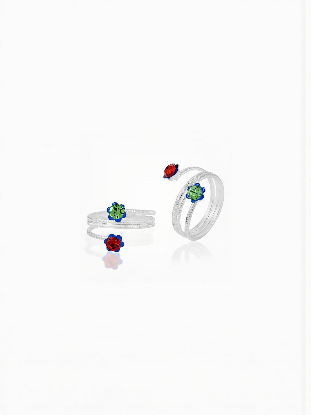 MEMOIR Silverplated Red & Green CZ Bichiya Fashion Toerings Women