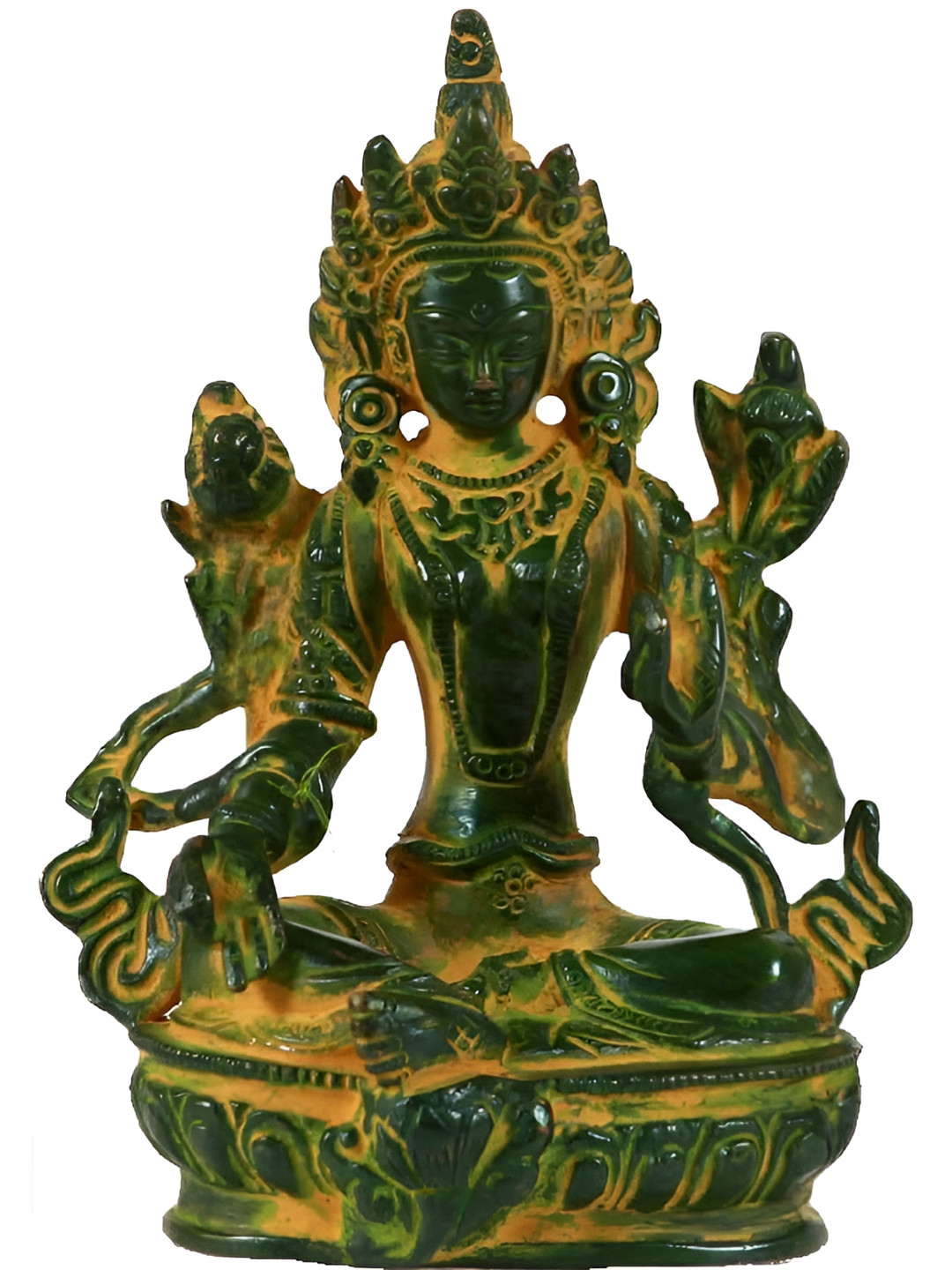Exotic India Green & Yellow Tibetan Buddhist Deity Religious Idol Showpiece