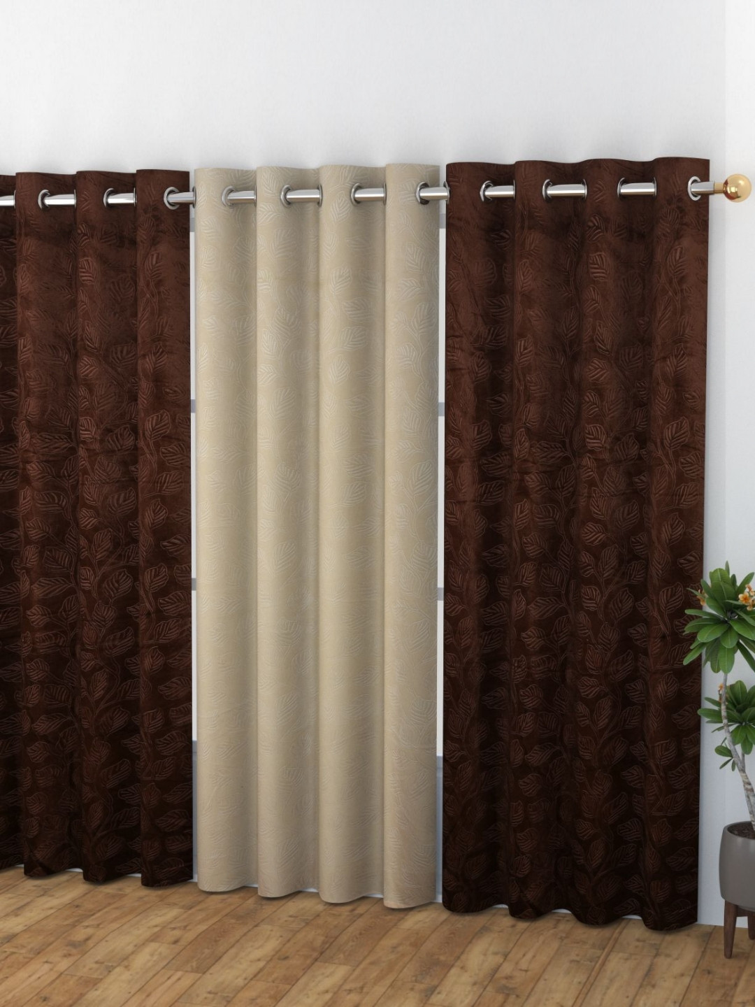 Banchmark Home Furnishings Brown & Mauve Set of 3 Room Darkening Long Door Curtain