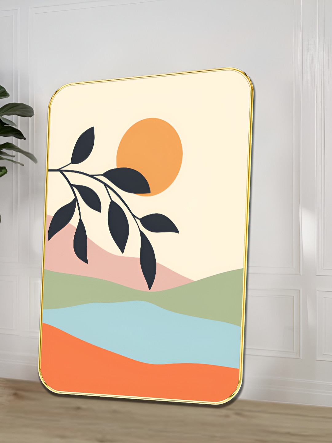 SAF Beige & Blue Sunset Leaf Printed Wall Art