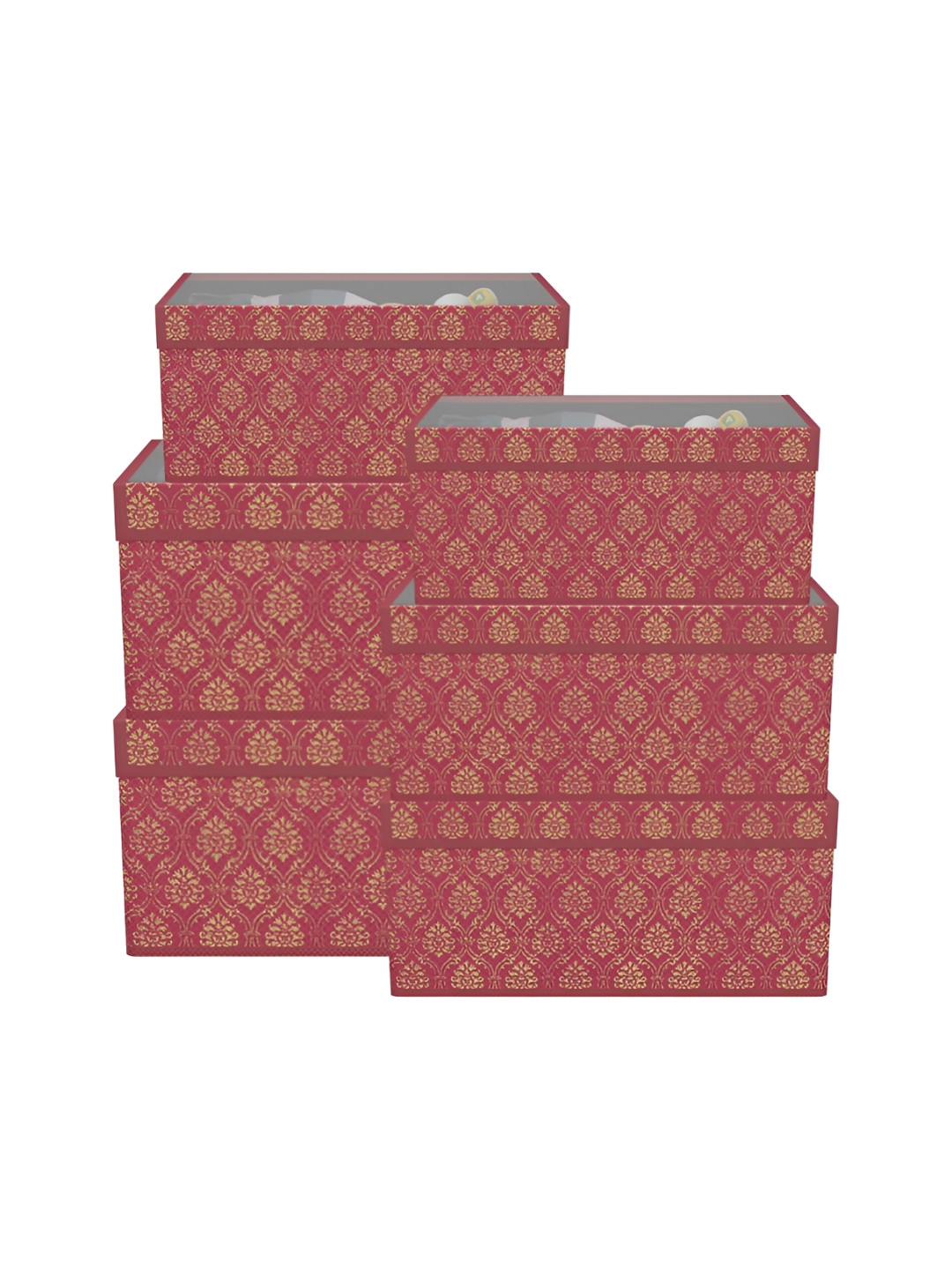 Aura 6 Pcs Maroon Storage Box Foldable Wardrobe Organiser with Transparent Lid