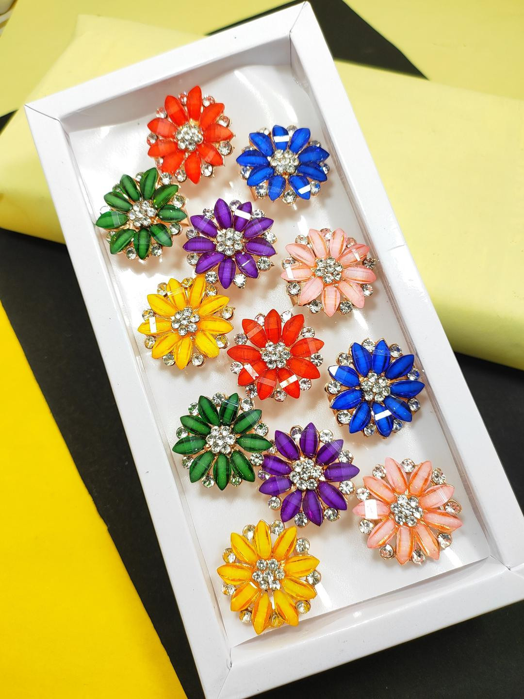 DIVYANSHI COLLECTION Pack Of 12 Silver Plated Multicolour AD Rings