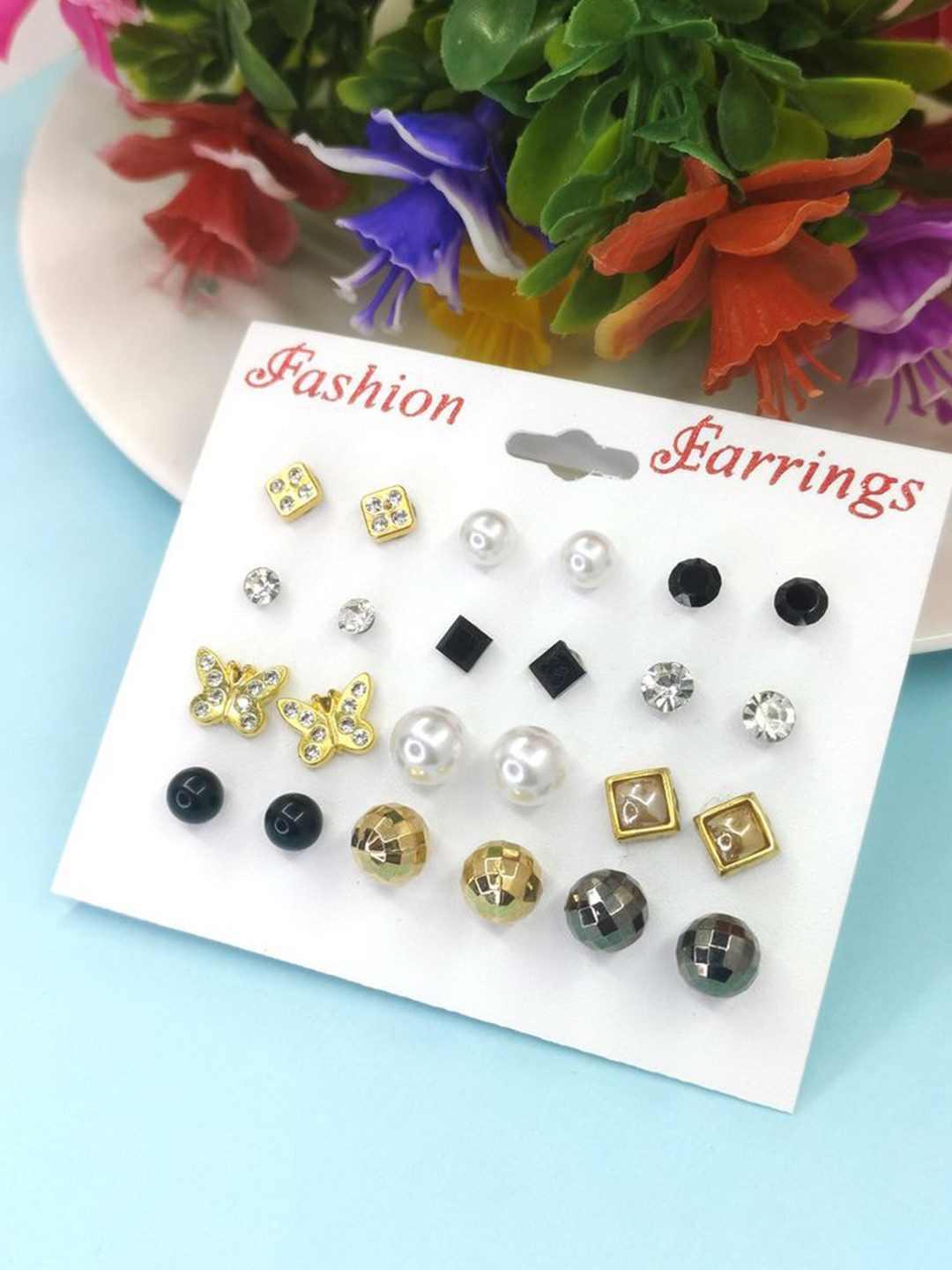 Honbon Set Of 12 Artificial Beads Beaded Square Shape Studs