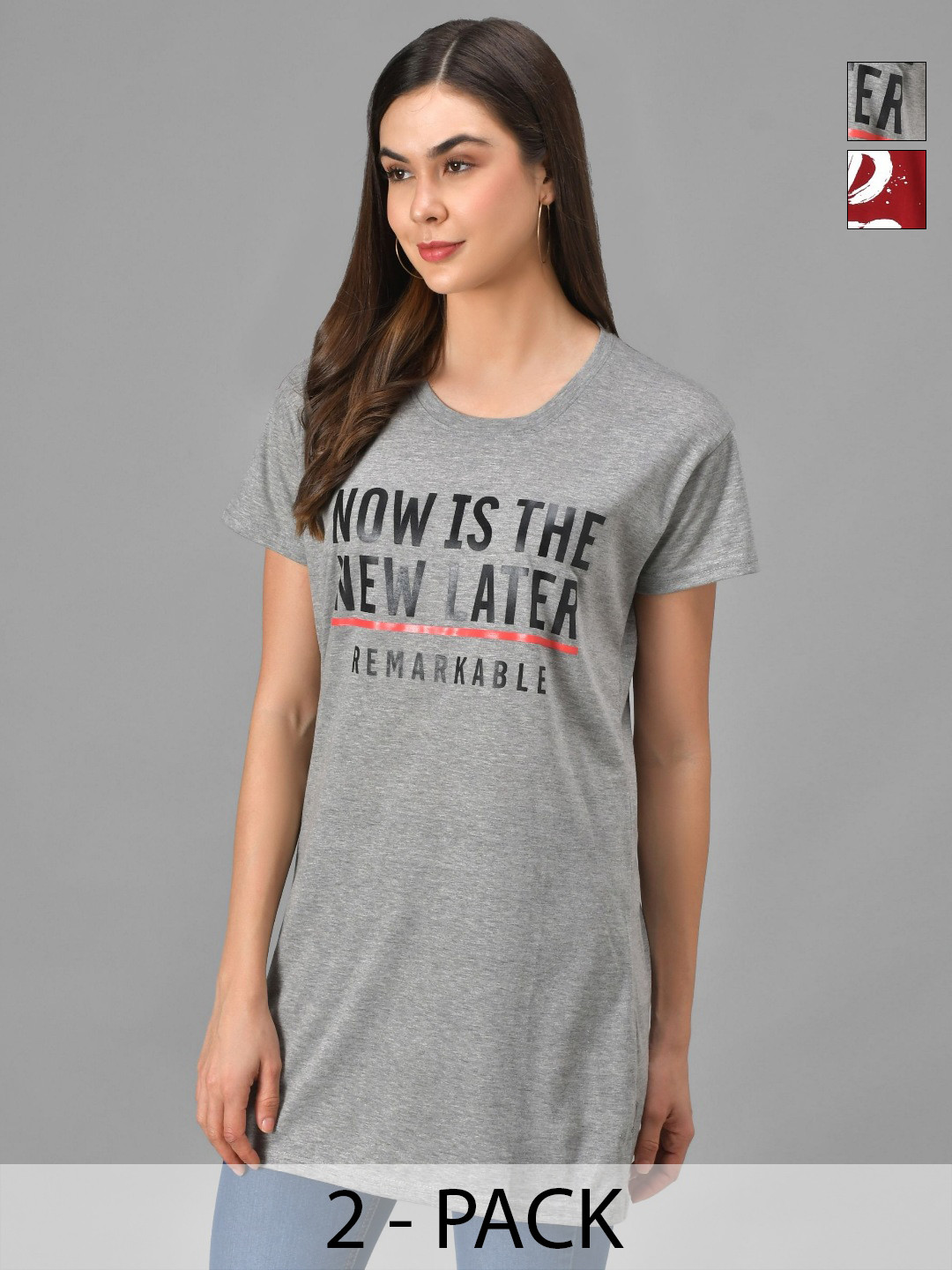 Christy World Women Pack Of 2 Printed Slim Fit LonglineT-shirt