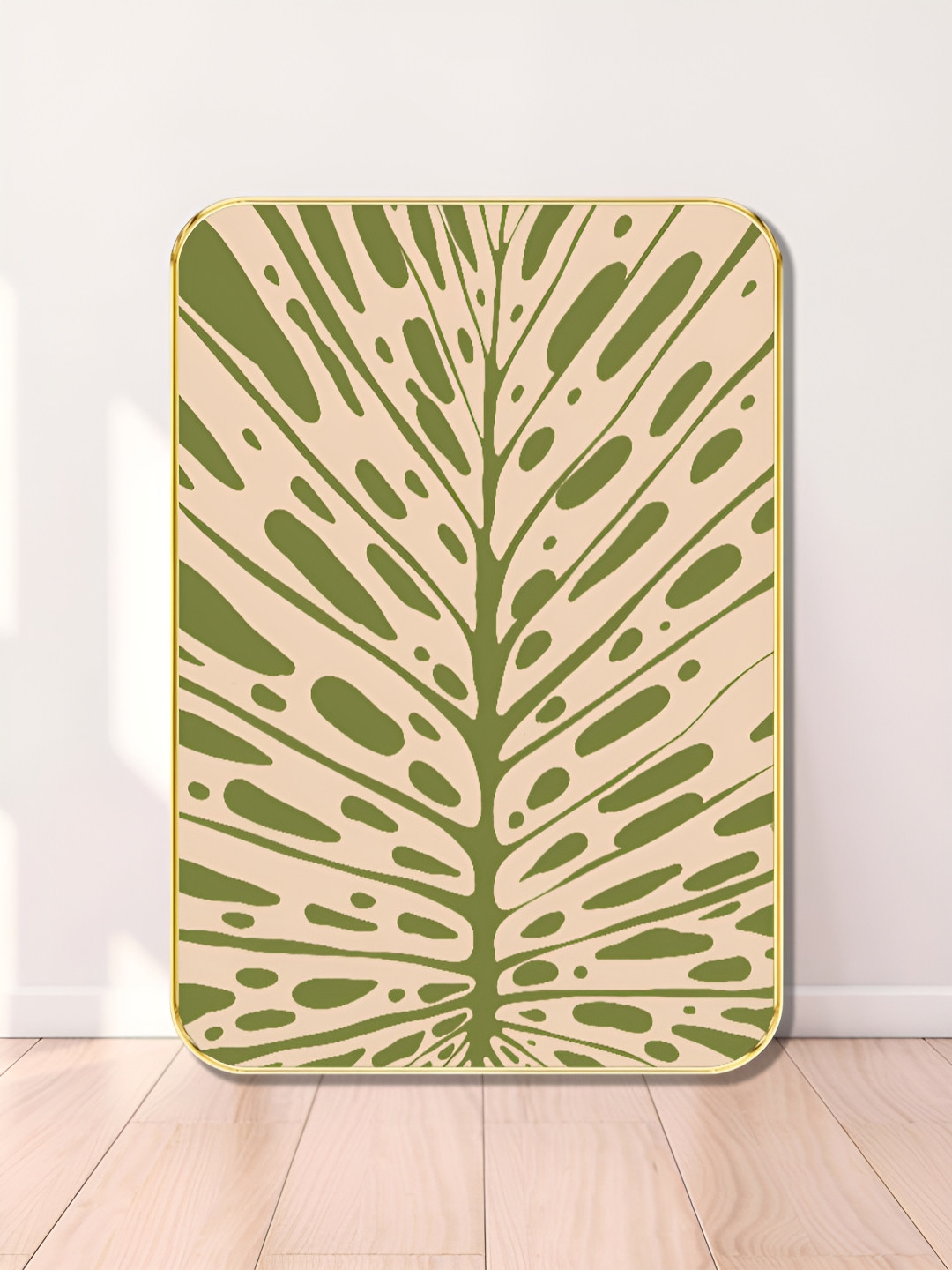 SAF Cream-Coloured & Green Minimalist Leaf Vein Wooden Wall Art