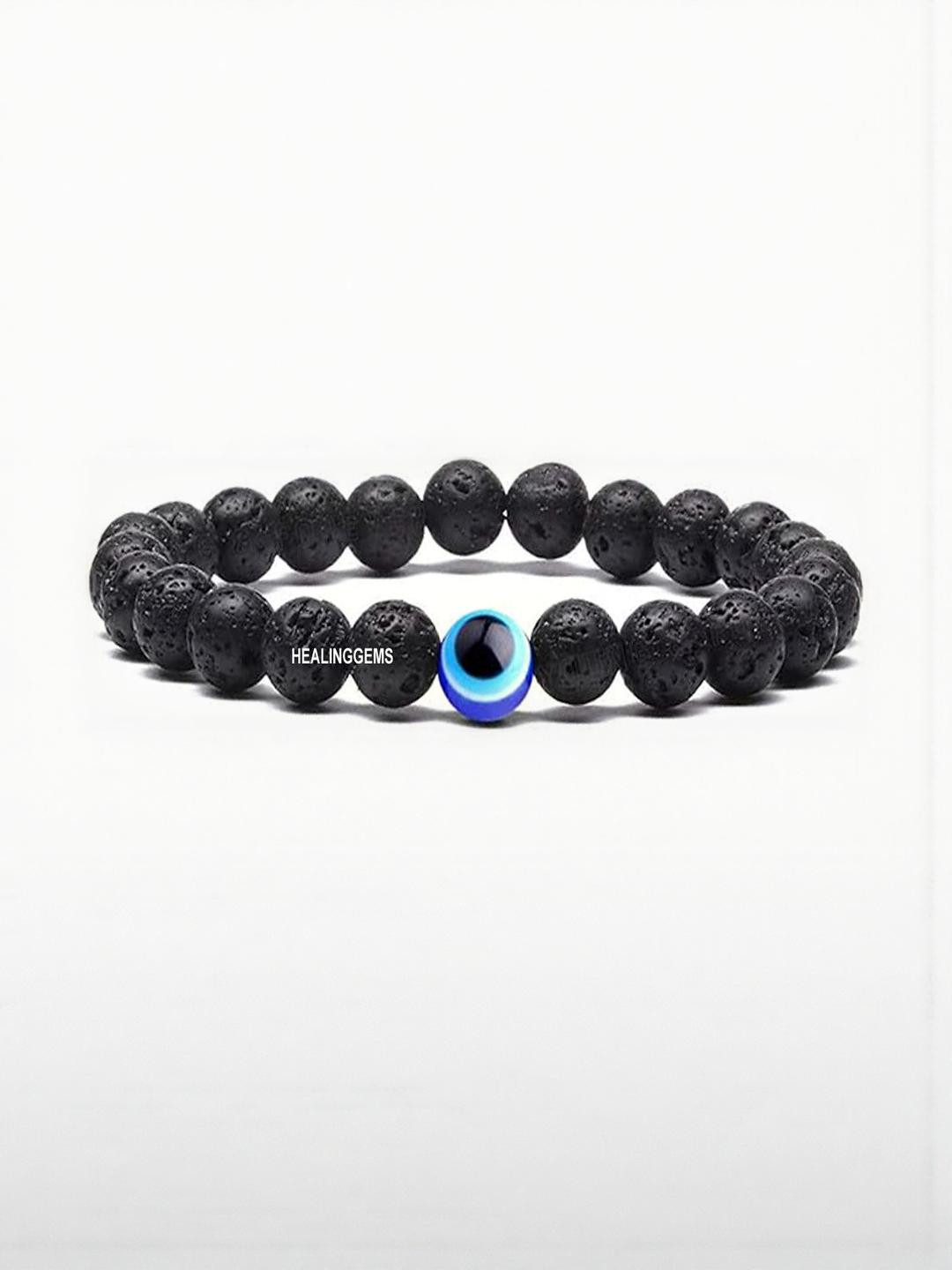 HEALINGGEMS Unisex Natural Black Lava with Evil Eye Bracelet