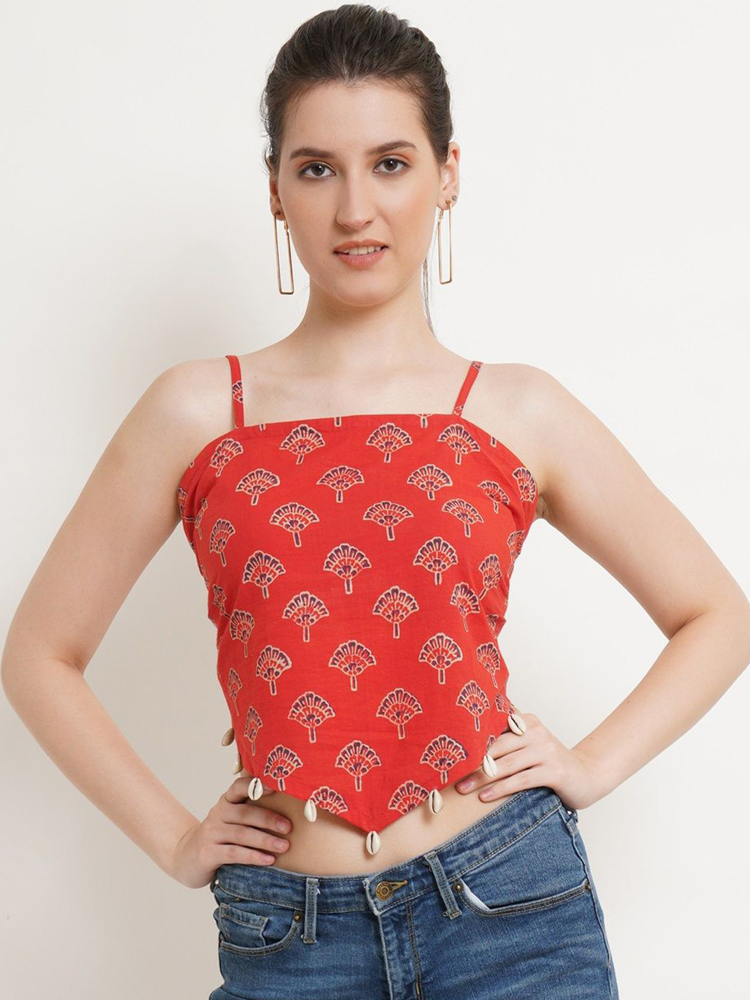 Popwings Women Ethnic Motifs Print Ethnic Cotton Smocking Styled Back Pure Cotton Crop Top