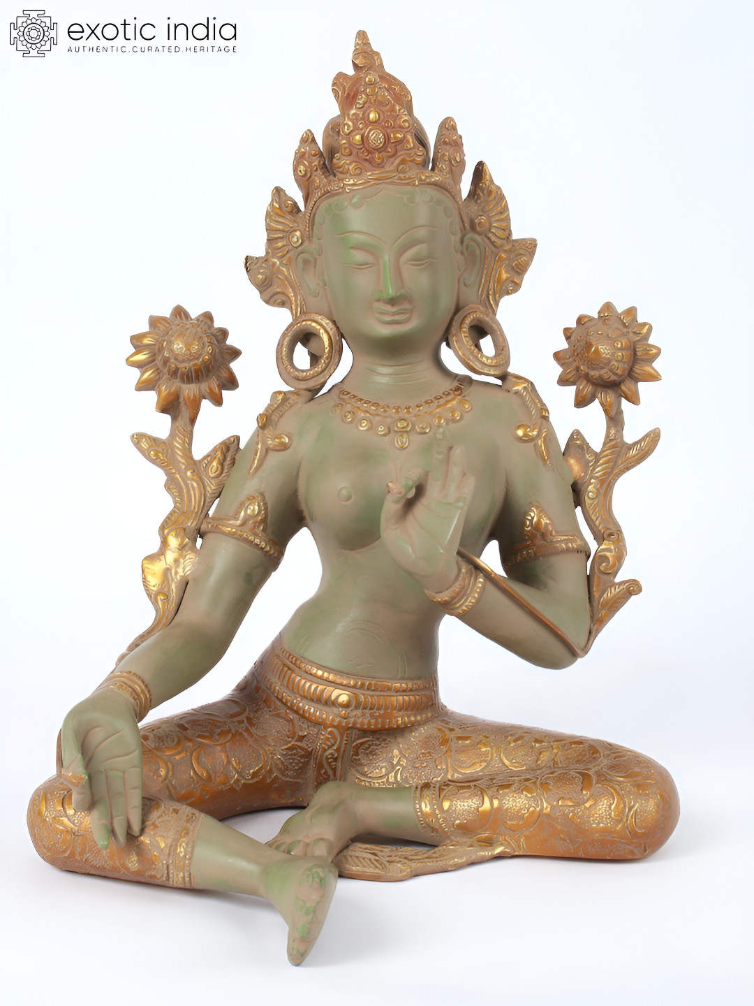 Exotic India Green & Gold-Toned Tibetan Buddhist Deity Religious Idol Showpiece
