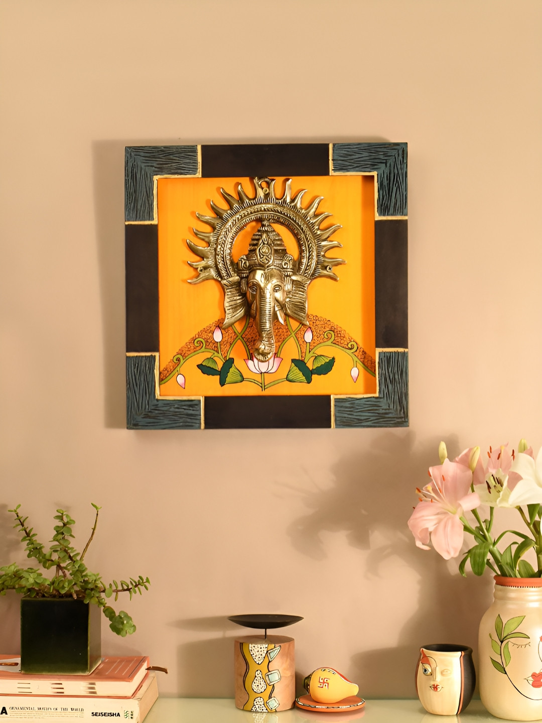 AAKRITI ART CREATIONS Avighna-I frame with divine Ganesha Wood Spiritual Wall Decor-13In