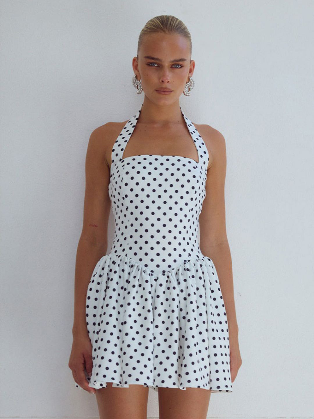 ZYNG Women Mini Polka Dot Halter Neck Peplum Dress